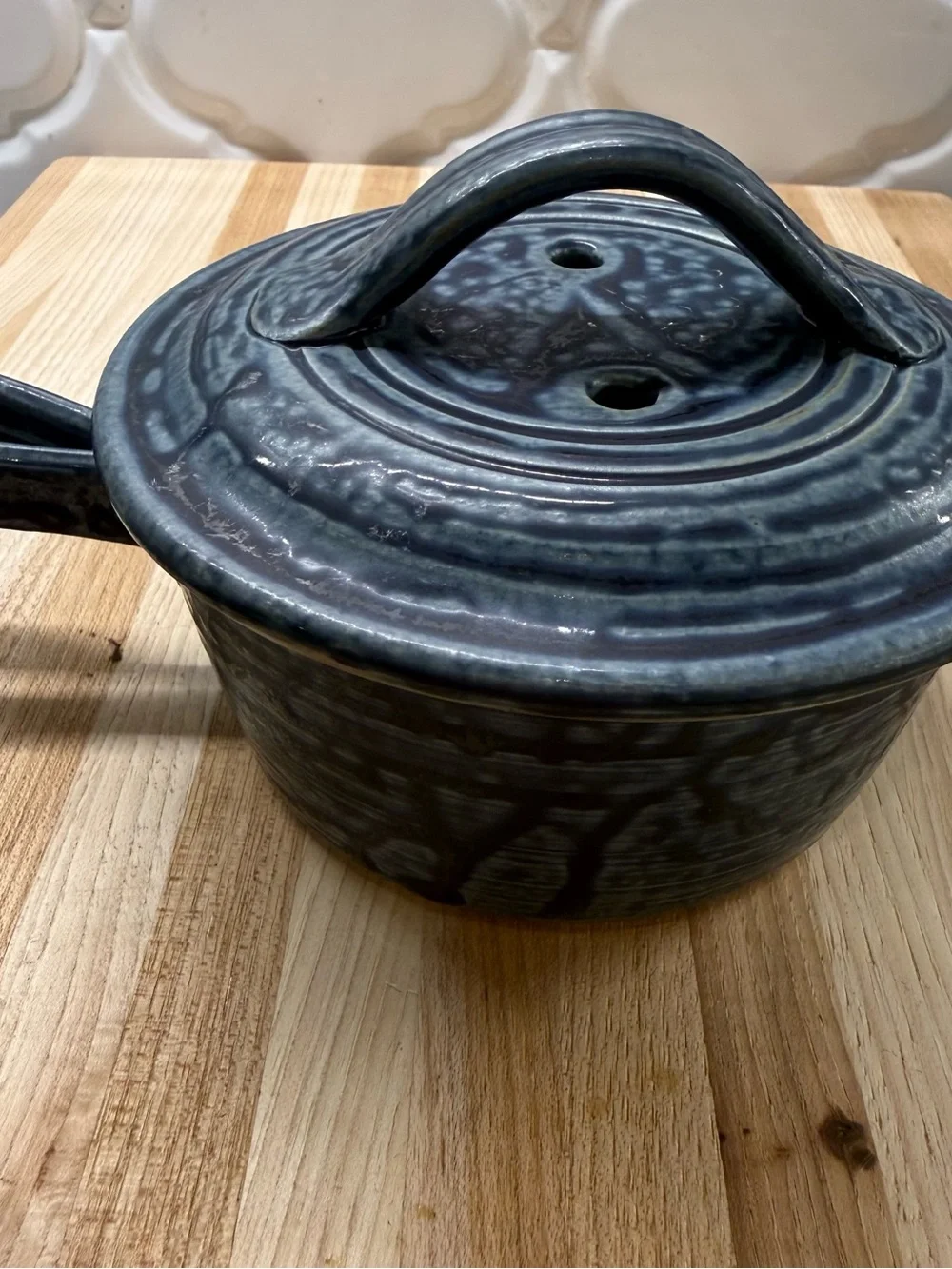 Signed Millner Studio Pottery Lidded Casserole Bean Pot Blue Drip Glaze